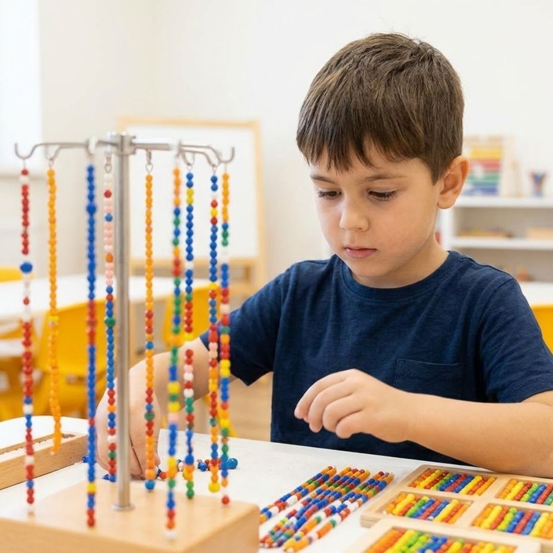 A young boy focuses intently as he works with complex Montessori bead materials, illustrating cognitive engagement.