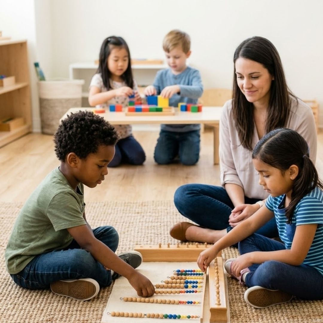 Children in open classroom working in diverse small groups