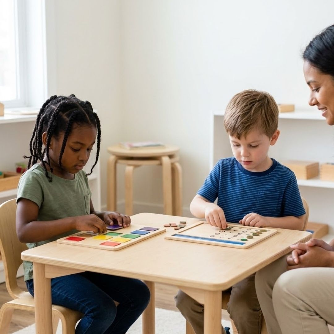 Diverse children working on unique learning projects at tables