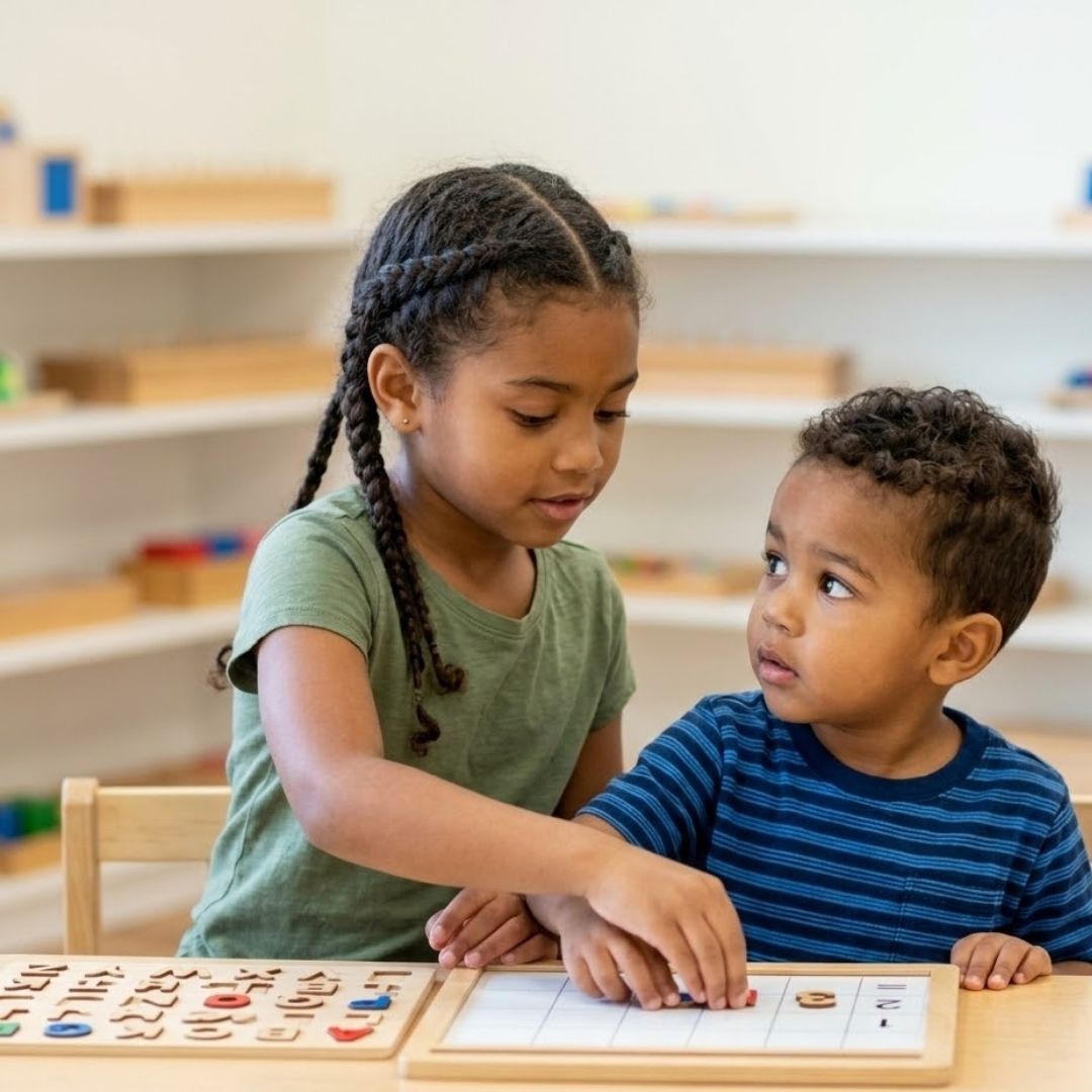 Older student helping a younger child with a task