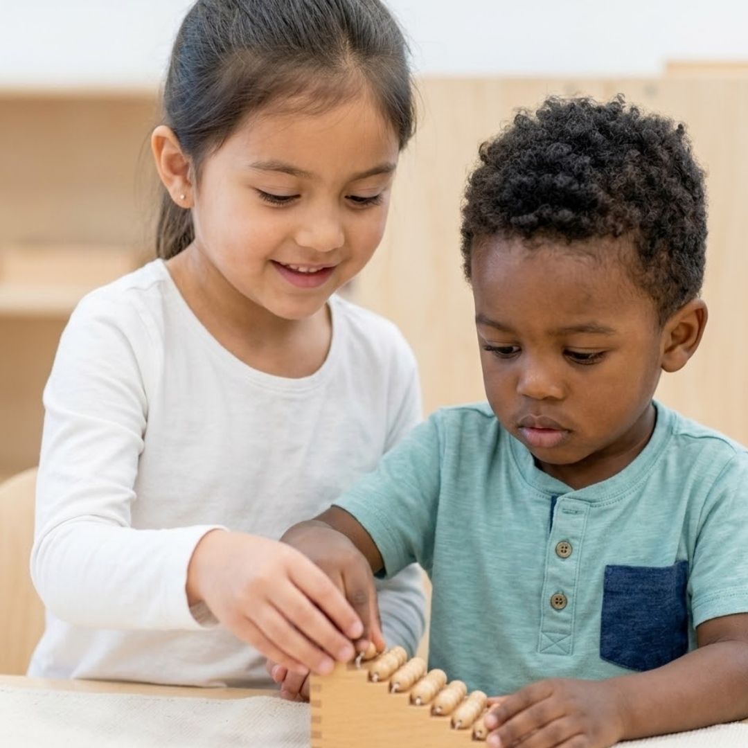 Older student teaching younger child with math material