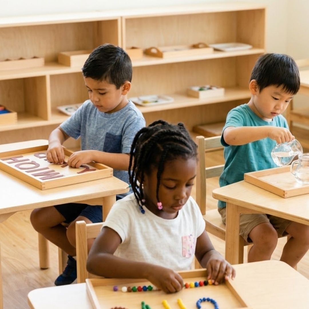 Diverse children working on unique learning projects at tables