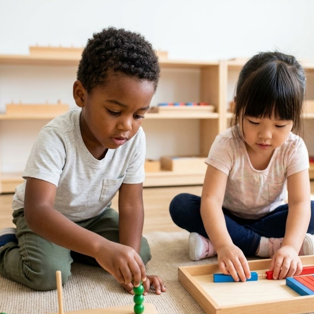 Diverse kids exploring and learning with colorful physical objects