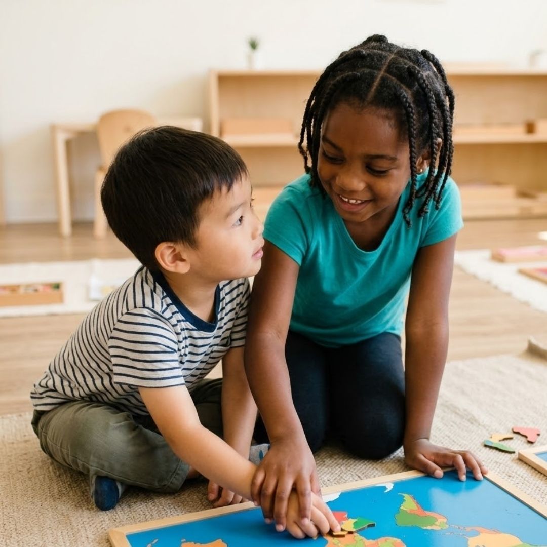 Older student helping a younger child with a task